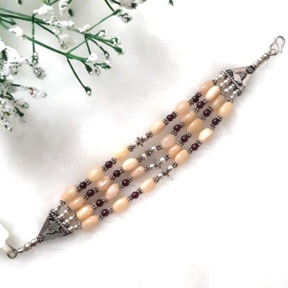 Bracelet Natural (br6) Gemstones Cream Aventurine Garnet 925 Silver 4-strand - Picture 4 of 10